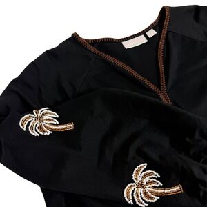 Bellissima Black Beaded Palm Tree V Neck Long‎ Sleeve Embellished Top Size L